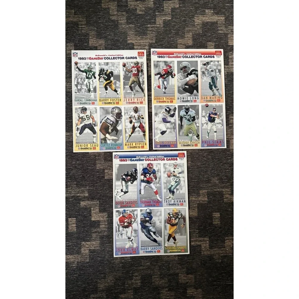 1993 McDonald’s NFL Gameday Collector Cards Complete Uncut 3-Sheet Set - Mint